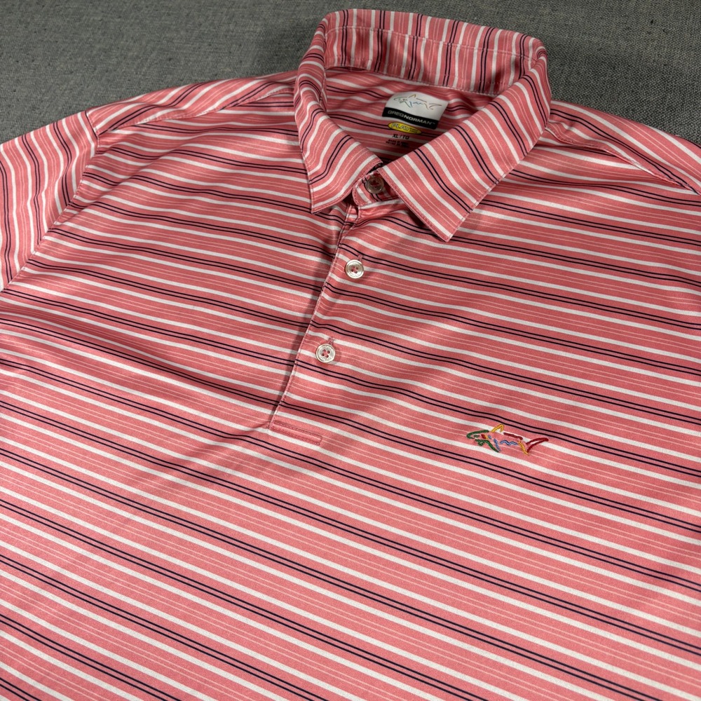 Greg Norman Polo Shirt Mens XL Pink Striped Play Dry Performance Short Sleeve